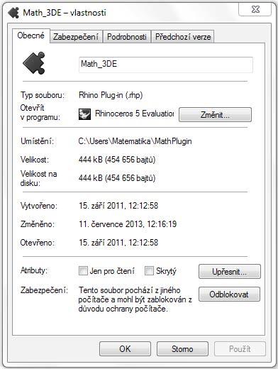 3. Objeví se dialogové okno (Obr. 4), ve kterém kliknout na Odblokovat. 4. Zapnout Rhino a implementovat plugin.