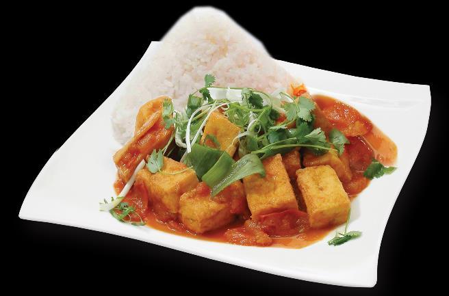 Vegetariánské -vegetarian níže uvedeny ceny jsou bez příloh 155- TOFU CA CHUA: TOFU s omáčkou z čerstvých rajčat (6) 89,- TOFU with fresh tomatoes sauce.