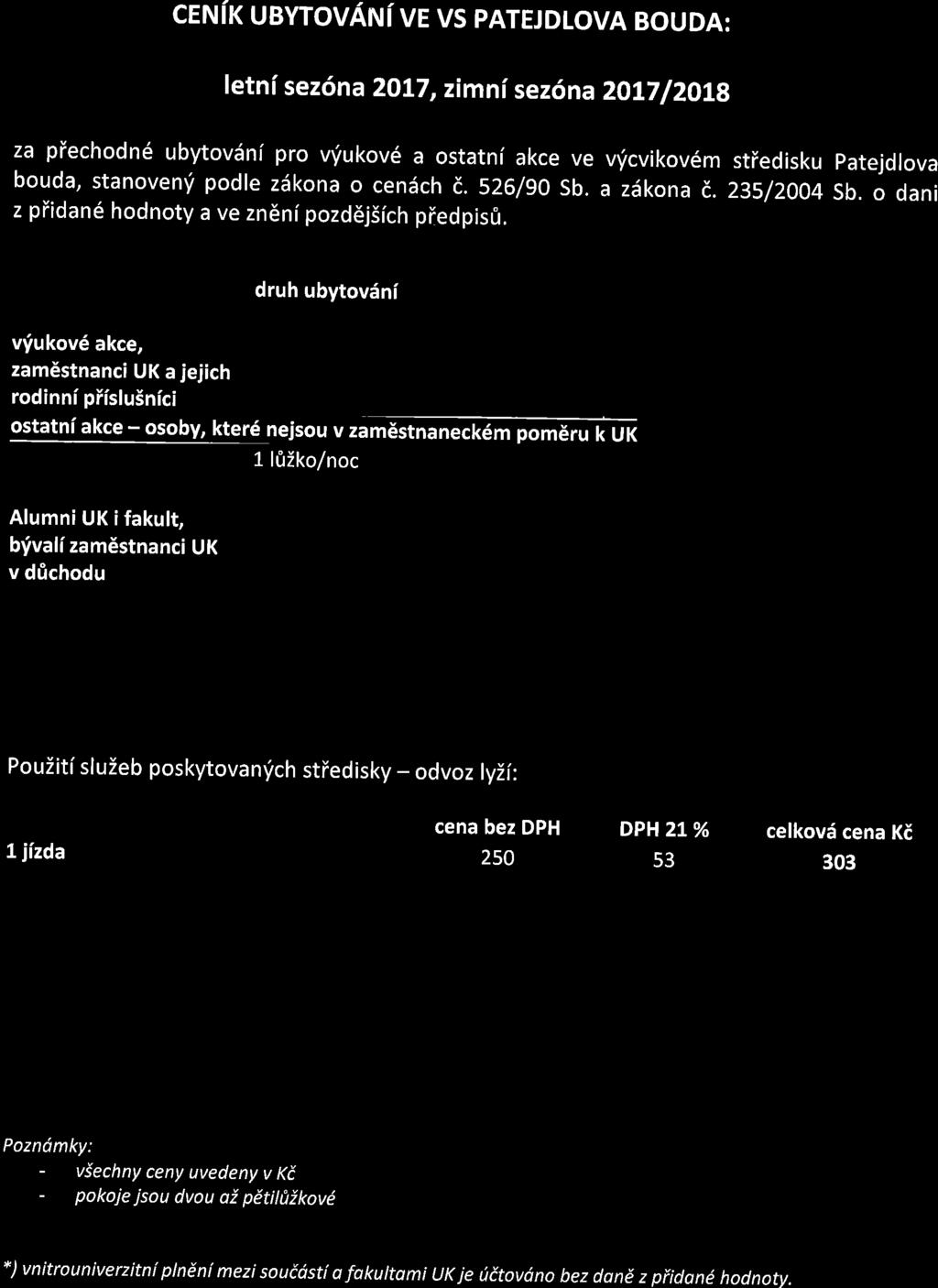 cenik UBYToVANi VE Vs PATEJDLoVA BoUDA: f etni sez6na 2OL7, zimni sez6na ZOLT l2olg za piechodn6 ubytov6ni pro vfukov6 a ostatni akce ve vfcvikov6m stiedisku patejdlova bouda, stanovenf podle zdkona