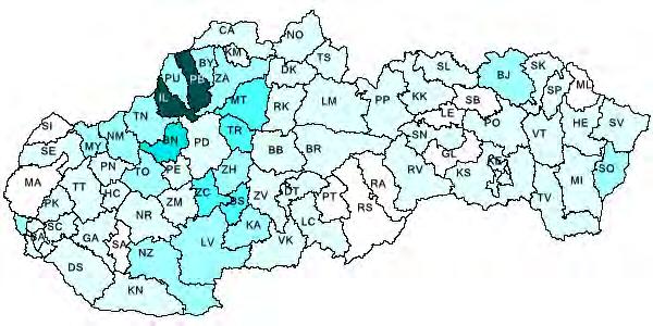 Výskyt lymeskej borreliózy (A 69, G 63.0, M 01.2) Slovenská republika rr.1991-2011 chorobnosť na 100 000 obyvateľov 25,0 20,0 15,0 10,0 5,0 0,0 Mapa III.5.5 Výskyt lymeskej borreliózy v SR podľa okresov v r.