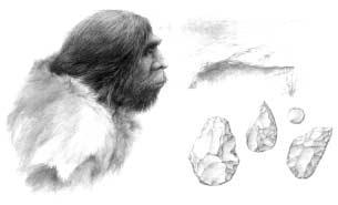 PALEOLIT A MEZOLIT Obr. 9. Neandertálec před jeskyní Kůlnou v Moravském krasu. Kresebná rekonstrukce akademického malíře Pavla Dvorského podle podkladů Jiřího Svobody.