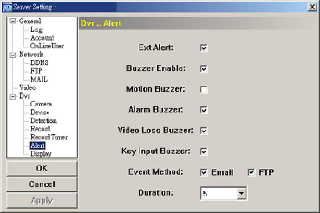 Alert bzučák zvukové upozornění Function Ext Alert Buzzer Enable Motion Buzzer / Alarm Buzzer / Video Loss Buzzer / Key Input