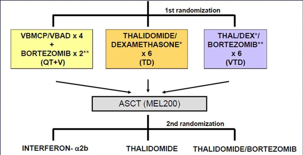 Post-ASCT maintenance: VT versus Thal versus Interferon-α2b Phase III PETHEMA/GEM randomized trial IFN Thal VT n 90 87 89 Response Status prior to