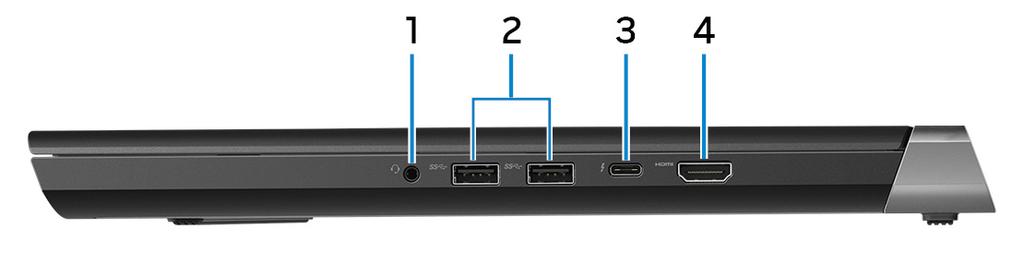 Vpravo 1 Port náhlavní soupravy Slouží k připojení sluchátek nebo náhlavní soupravy (kombinace sluchátek a mikrofonu). 2 2 porty USB 3.1 1.