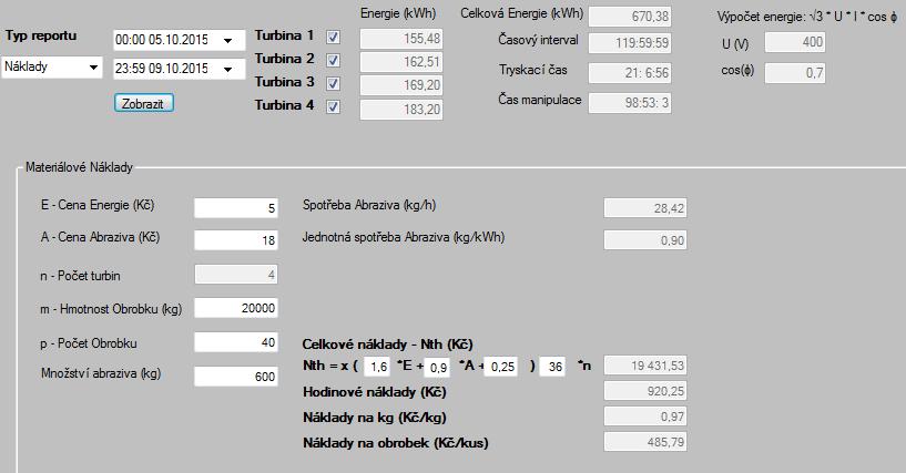 V případě že známe celkovou hmotnost a počet otryskaných odlitků, vyčíslí program i náklady na otryskání 1 kg odlitku (0,97 Kč/kg) a jednoho