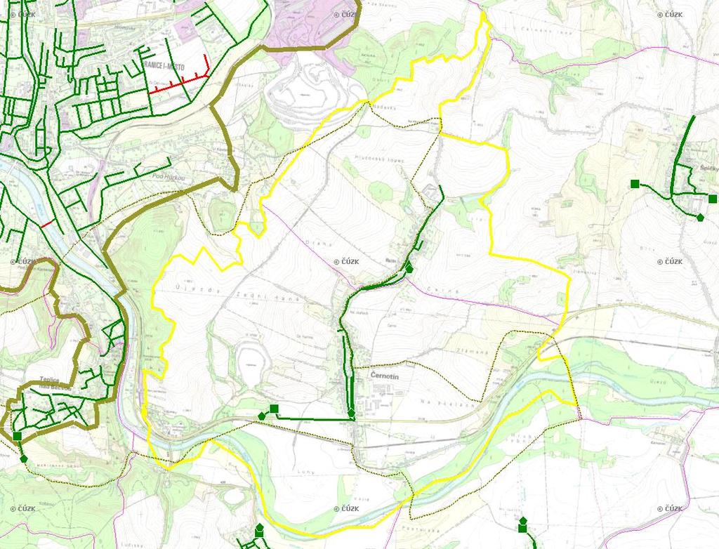 E. KANALIZACE A ČOV Mapa E1: Kanalizace - rozvody v obci Trasování sítí, lokalizace ČOV, čerpací stanice (ČS), výústě Obec: Černotín Legenda: Kanalizace: Ochranné pásmo: Vyústění: do 2015 po 2015 I