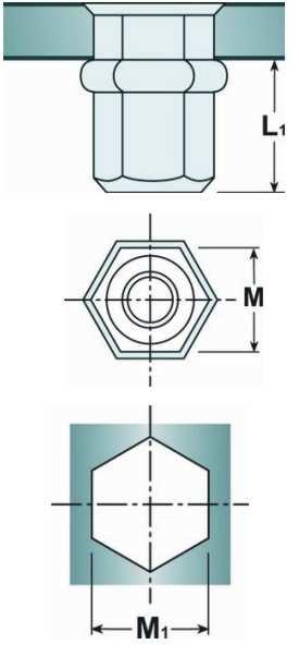 Nýtovací matice s malou hlavou - hexagonální M SM1 L 1 L Kč 6H mm mm mm mm mm mm mm / 1000 d B N o M4 5,9 6,6 0,5 6,0 0,5