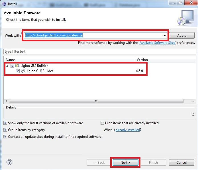 Obr. A.2: Instalační okno č. 1 výběr pluginu programu se objeví okno (obr. A.5), kde se musí potvrdit certifikát vydaný od Eclipse pro plugin Jigloo.