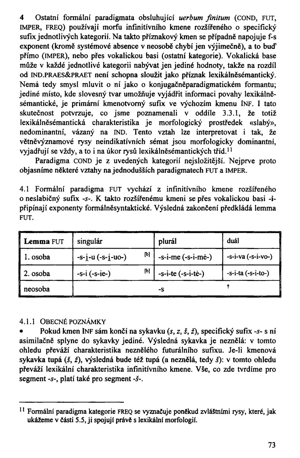 4 Ostatní formální paradigmata obsluhující uerbum fmitum (COND, FUT, IMPER, FREQ) používají morfu infinitívního kmene rozšířeného o specifický sufix jednotlivých kategorií.