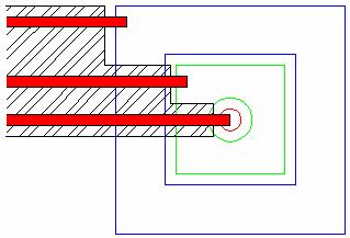 Obr. 7.12: Design elektrodového systému testovací konstrukce 2 (modrá křivka - pomocná elektroda, zelená křivka - referenční elektroda, červená křivka - pracovní elektroda).