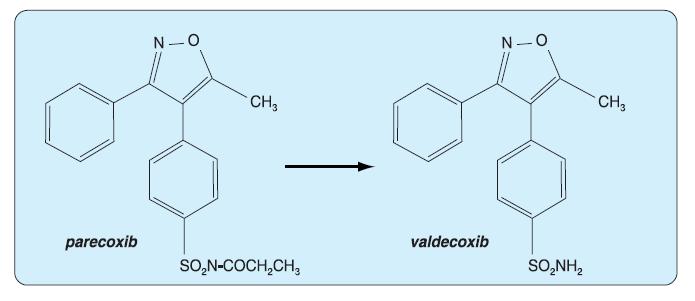 Obr.7: Schéma biotransformace parecoxibu na valdecoxib Převzato z [9] V doporučovaných dávkách 40 mg je velmi účinný zejména při léčbě akutní pooperační bolesti, především pooperační bolesti v