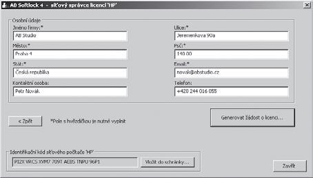 4. V dalším kroku zadejte osobní údaje (pole označené * je nutné vyplnit, jinak nelze pokračovat v registraci a autorizaci) a stiskněte tlačítko Generovat žádost o licenci.