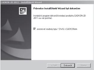 9. Po zkopírování zvolených součástí CADKONu-2D na disk je zobrazen závěrečný dialog Průvodce InstallShield Wizard byl dokončen.