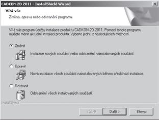 Dodatečnou změnu konfigurace (přidání či ubrání instalovaných komponentů - modulů) lze provést novým spuštěním instalace CADKONu-2D (viz.