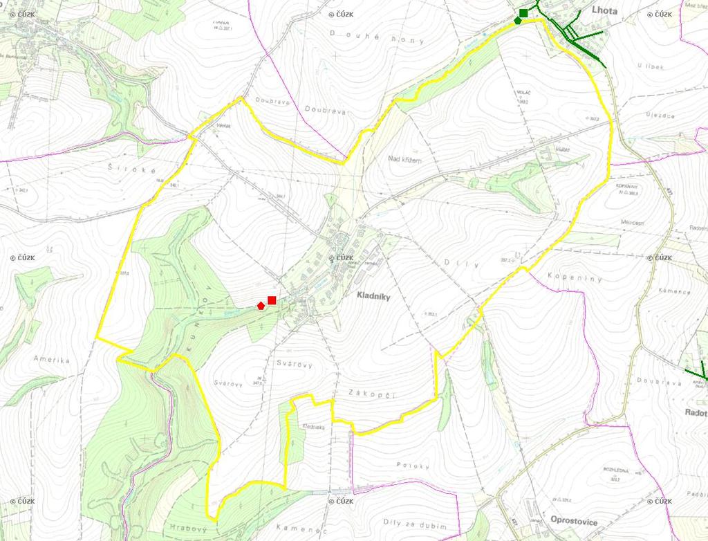 E. KANALIZACE A ČOV Mapa E1: Kanalizace - rozvody v obci Trasování sítí, lokalizace ČOV, čerpací stanice (ČS), výústě Obec: Kladníky Legenda: Kanalizace: Ochranné pásmo: Vyústění: do 2015 po 2015 I