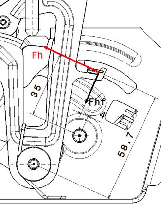 2. Otevírací síla při druhém zatažení za uvolňvací páku z kabiny vozu Vliv na otevírací sílu mají: a) Pružina západky M2 = 551,2 Nmm b) Čepové tření západky Mcep = 120,3 Nmm c) Pružina háku Mh' =