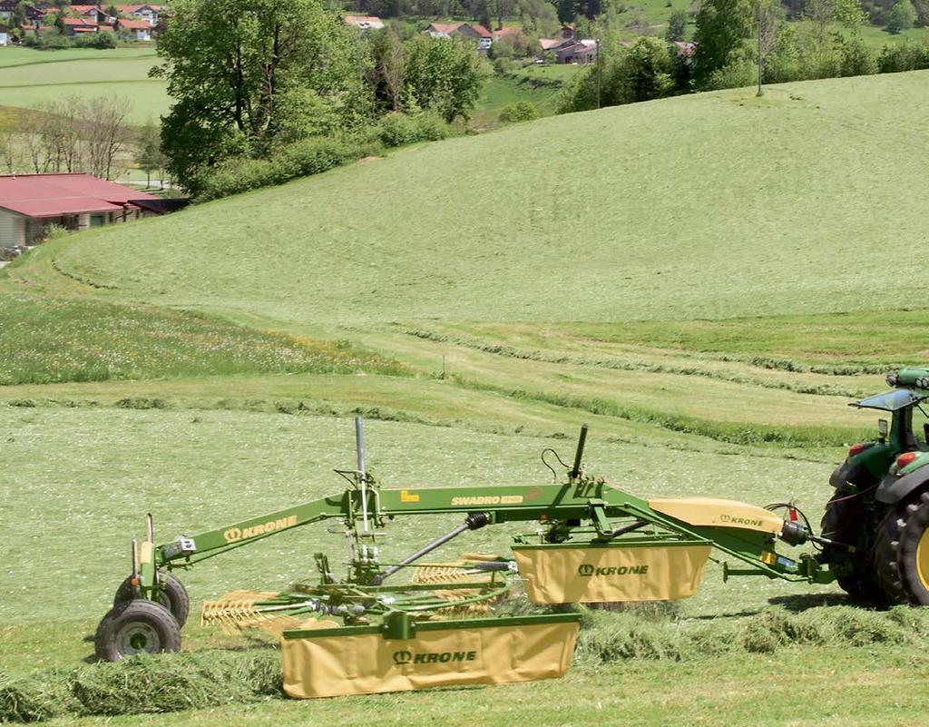 Rotor Swadro Flexibilní a čistý Díky kyvnému zavěšení se rotor optimálně přizpůsobuje terénu ve všech směrech díky kyvnému zavěšení rotoru Díky KRONE Jet-efektu - čistá píce při