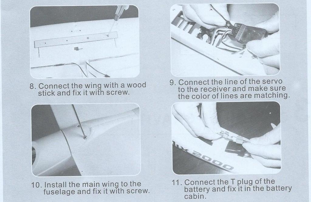 8. Connect the wing with a wood stick and fix it with screw vyztužte křídlo pomocí dřevěného stabilizátoru a upevněte ke křídlu pomocí šroubů 9.