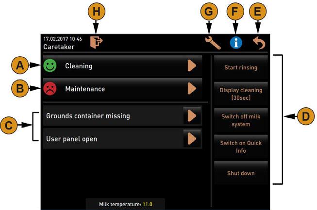 Obsluha Funkce v servisním menu Zvolte pole [Servis-menu] vlevo dole na uživatelské ploše. Zobrazí se servisní nabídka.