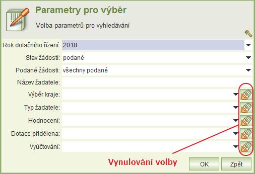 Kliknutím na volbu Seznam žádostí v menu se zobrazí dialog výběru roku dotačního řízení, případně je možné dále zadat další výběrové parametry.