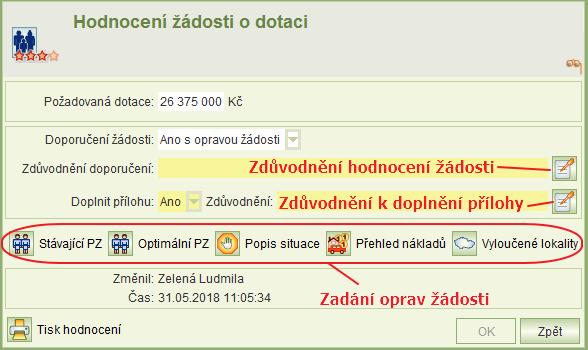 Hodnocení: Formulář hodnocení umožňuje nejen zadat souhrnné hodnocení žádosti, ale z formuláře se oetvírají náhledy na hlavní části žádosti pro zadání jejich hodnocení.