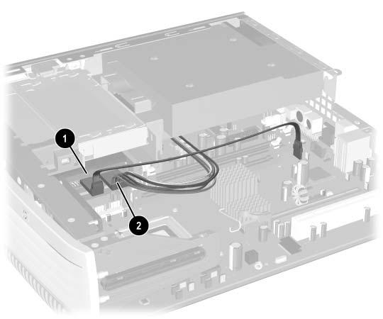 13. Připojte datový kabel k datovému konektoru na systémové desce. 14. Připojte k nové jednotce pevného disku datový kabel 1 a napájecí kabel 2. Umíst ní konektor pro datový 1 a napájecí 2 kabel 15.