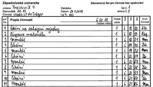5.3 Průběh měření Obrázek 5-1 Ukázka vyplněného záznamového listu V rámci analýzy prostojů vybrané linky proběhlo pozorování celkem sedmi pracovišť a seřizovače.