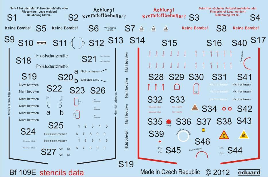 D48012 Fw 190A stencils 1/48 - Kompletní sada instruktážních a popisek pro Fw 190A v černé a bílé variantě, chodníčků na křídlech v černé a šedé barvě, popisek pro přídavnou nádrž (v červené a černé