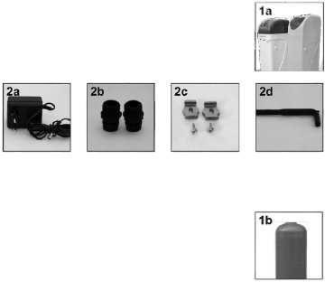 1. Díly zařízení 1.1 Kompaktní jednotka 1a. Sestavený kompaktní změkčovač 2. Obtok (bypass) s příslušenstvím: 2a. Transformátor 2b. Připojovací objímka 1 2c.