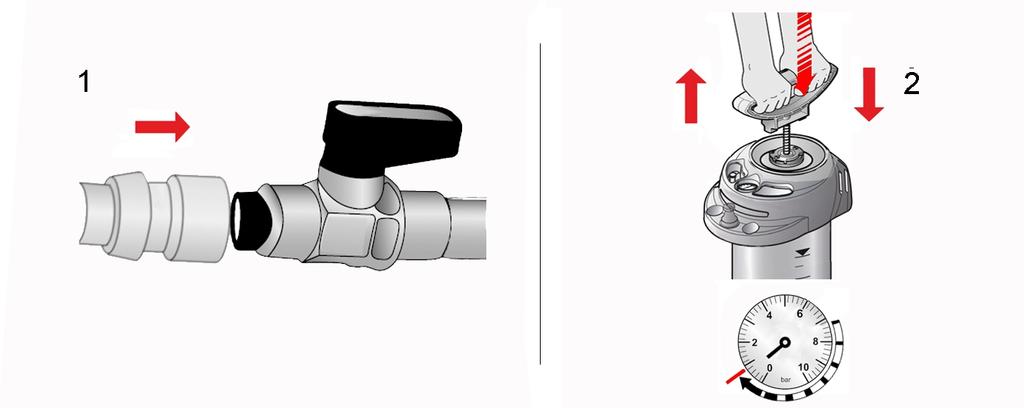 6 Použití 1. Spojte spojku vodní tlakové nádoby se vsuvkou [1]. 2. Otočte kulový kohout. Začne přitékat kapalina. Množství kapaliny lze regulovat kulovým kohoutem. 3.