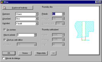 Vlastní menu díry vyplníme dle následujícího obrázku. Po stisknutí OK vybereme bod a díra se vytvoří. Nyní vytvoříme pole děr.