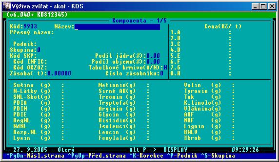 Přesný název Podnik Skupina Kód SKP Kód INFIC Kód ÚKZÚZ Zásoba Přesný název komponenty. V programu pro výživu zvířat nemá prozatím dalšího využití.