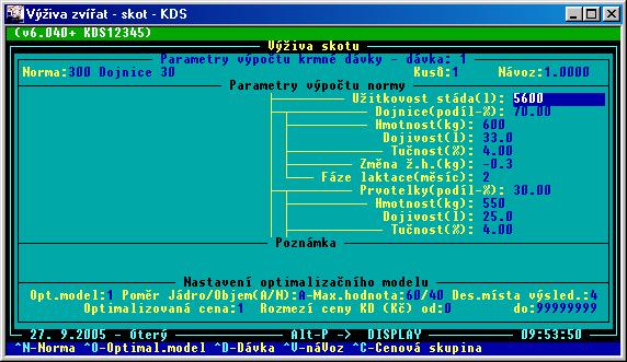 V menu Výpočet krmných dávek zvolte položku Parametry výpočtu krmné dávky.