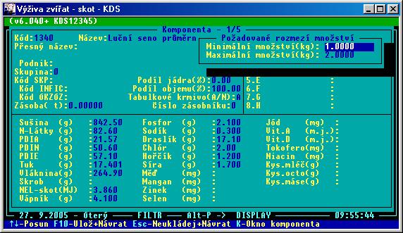 Pokud jsme nastavili kurzor na požadované krmivo, vybereme jej do návrhu stiskem Enter Zobrazí se formulář krmiva s náhledem jeho živinového rozboru.