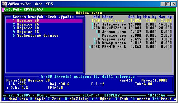 Informace zadávané v menu Výpočet krmných dávek v položce Souhrnné parametry výpočtu jsou v podstatě oním štítkem na složce (pořadači), informace zadávané v menu Výpočet krmných dávek v položce