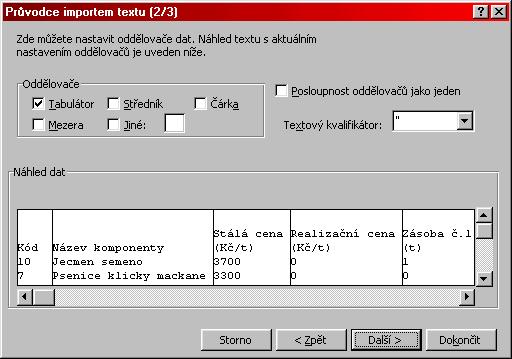 Ve třetím okně průvodce importu textem použijte tlačítko