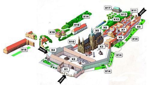 Starý Královský palác X15.Jízdárna X7. Bazilika sv. Jiří X16.Míčovna X8. Jiřský klášter X17.Královský letohrádek X9. Rožmberský palác Ústav šlechtičen X18.Prezidentský domek X10.