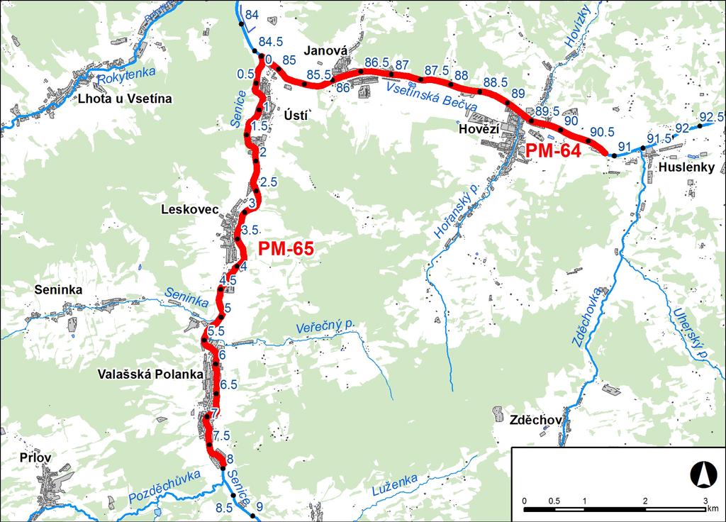 1. LOKALIZACE Předmětem řešeného území je úsek na toku Vsetínská Bečva v km 84,640 91,680* a na toku Senice v km 0,000 7,936 Obr. č. 1 Přehledná mapa řešeného území 2.
