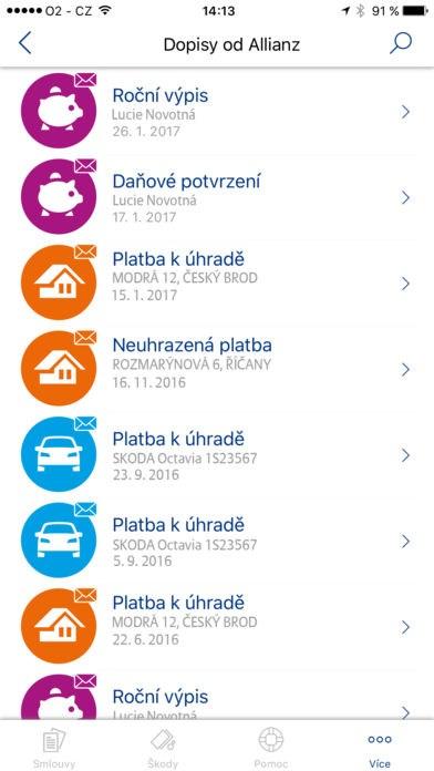 3) MOBILNÍ APLIKACE Přehled všech smluv včetně Allianz AUTO (aktivní i ukončené) Vše o smlouvě: pojistné, počátek, zaplacenost, doložení kilometrů,.
