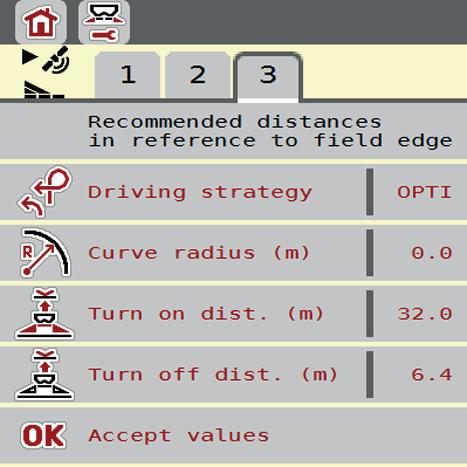 4 Obsluha AXIS EMC ISOBUS 4.4.10 Vypočítat OptiPoint V menu Vypočítat OptiPoint zadejte parametry pro výpočet optimální zapínací, příp. vypínací vzdálenosti na souvrati.