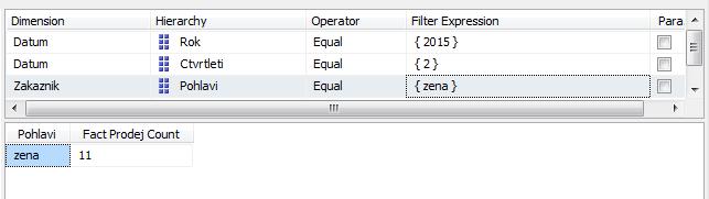 Vybereme dimenzi Datum, v hierarchii zvolíme Ctvrtleti, Operator bude Equal a Filter Expression bude 2. b. Přidáme ještě jeden filtr.