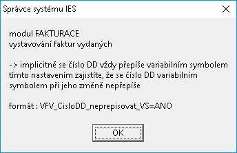 IESWIN2019 strana 10 Nastavení v IES.CFG v menu Fakturace bod 20 Vystavování FV, číslo DD nepřepisovat var. symbolem 1.3.