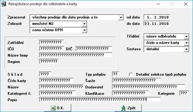 IESWIN2019 strana 15 Zvolením této sestavy se nabídne maska výběru, kde si můžete vybrat různá třídění, datum či konkretizovat odběratele, sklad, kartu atd. 1.6.