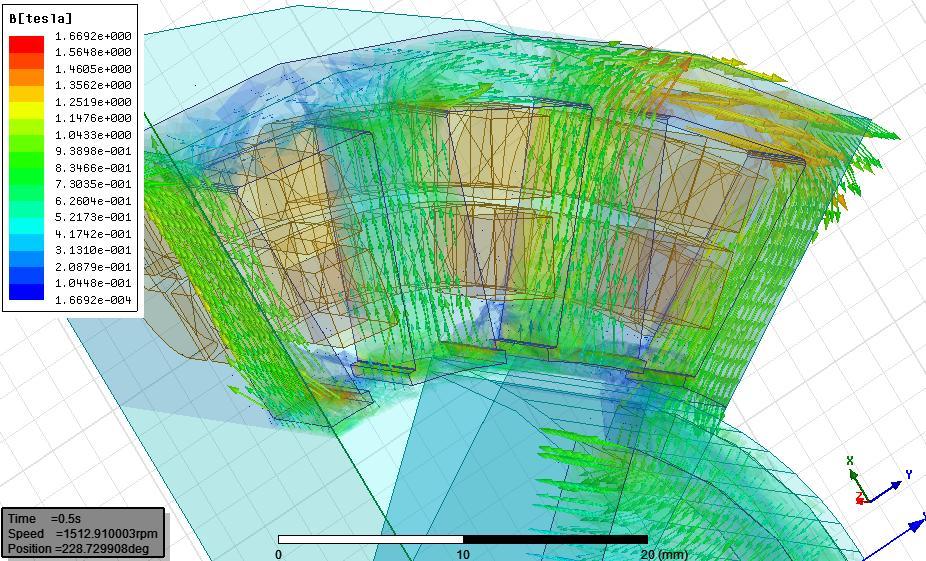 44 Z rozložení magnetické indukce pro první typ drážky statoru je patrné, že se nejvyšší hodnoty magnetické indukce pohybují v čase t=0,5s okolo 1,8596T.