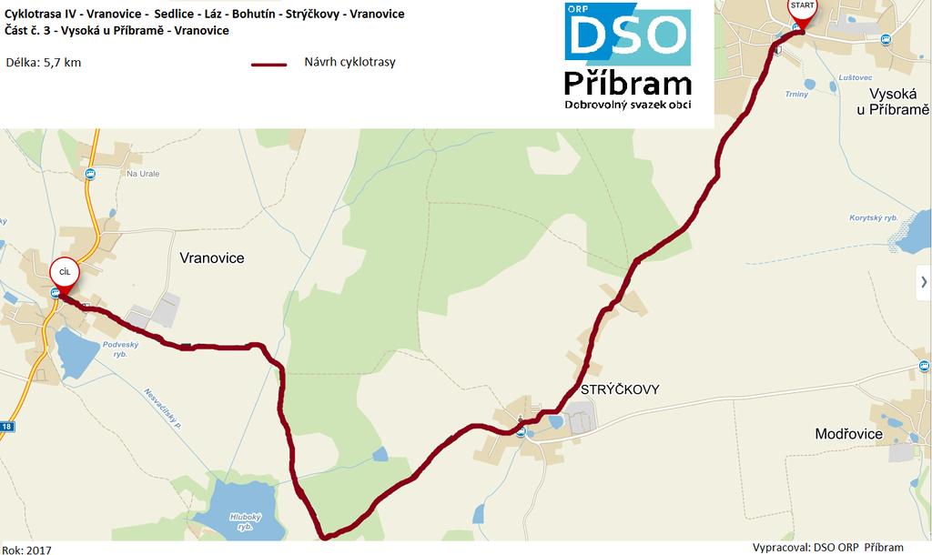 3.část Vysoká u Příbramě Vranovice 5,7 km, 27 min, délka trasy je vedena částečně po úvozových cestách, jen před obcí Strýčkovy je