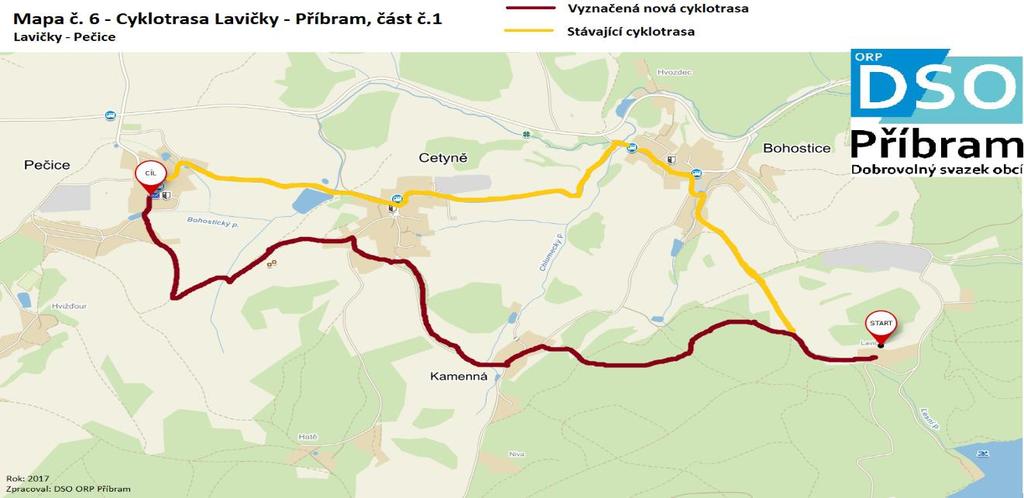 Z důvodu zvýšené dopravy ve stávajících úsecích cyklotrasy je níže uvedený návrh cyklotrasy vedený po úvozových cestách, kde není žádná jiná doprava.