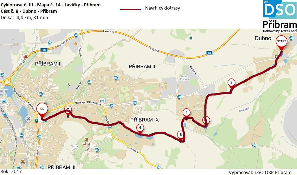 část Dubno Příbram, délka trasy 4,4 km, 31 min, trasa je