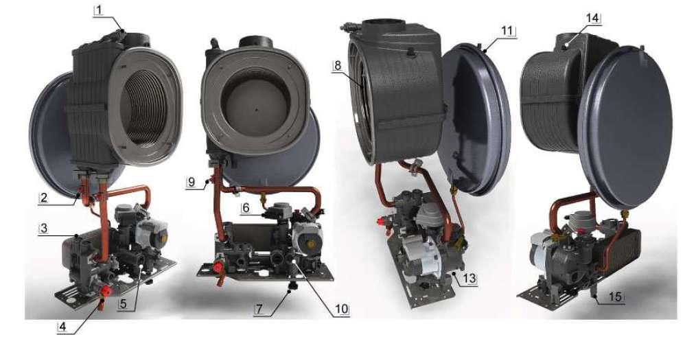 4 HYDRAULICKÝ SYSTÉM POPIS 1. Manuální odvzdušnění 9. Čidlo výstupní teploty NTC1 2. Čidlo teploty zpátečky NTC2 10. Zpětná klapka 3. Deskový výměník 11. Expanzní nádoba 4.