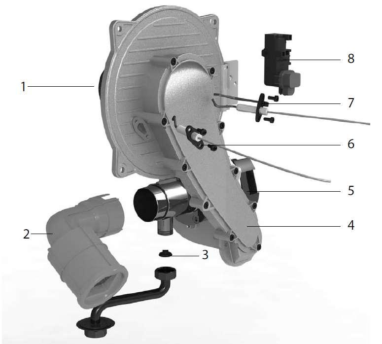 5 PLYNOVÁ SEKCE POPIS 1. Hořák 5. Ventilátor 2. Tlumič 6. Ionizační elektroda 3.