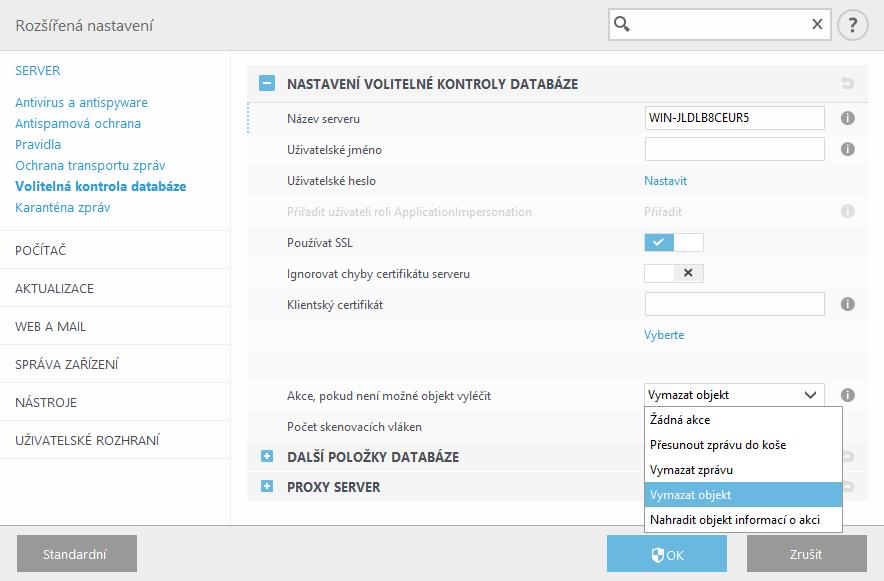 poštovních schránek v nastavení ESET Mail Security na záložce Server. V opačném případně nebude volitelná kontrola databáze dostupná.